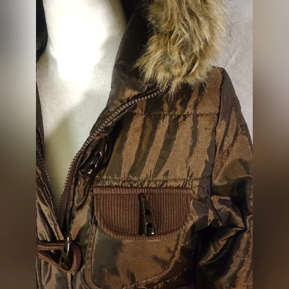 Tulle Anthropologie Brown Button Front Furry Hood Women's Puffer Coat Parka Smal - Picture 6 of 12